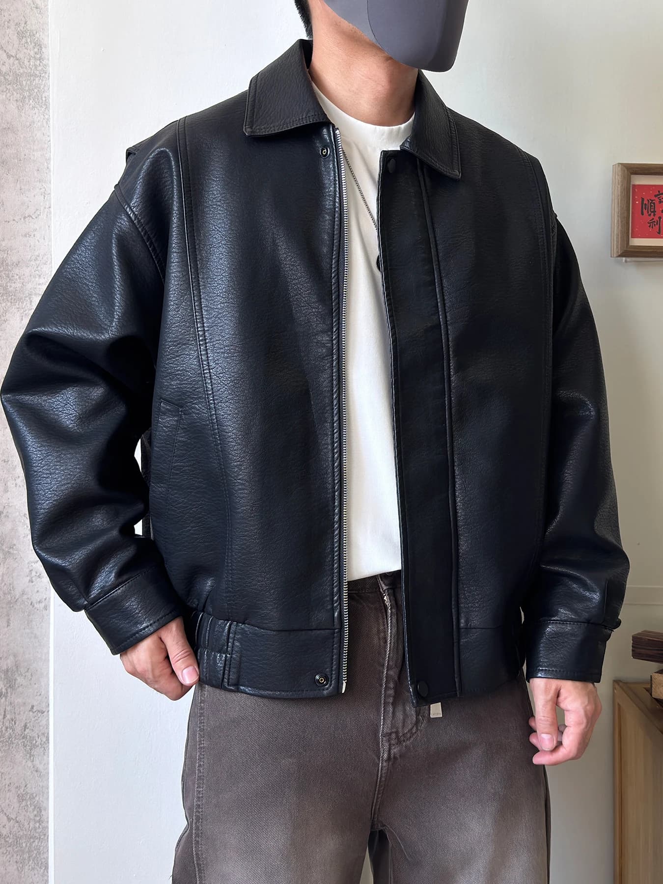 American Style Short Pattern Biker Leather Jacket Men's Thickened Flip Collar Black Simple Autumn Winter Fashion Outerwear