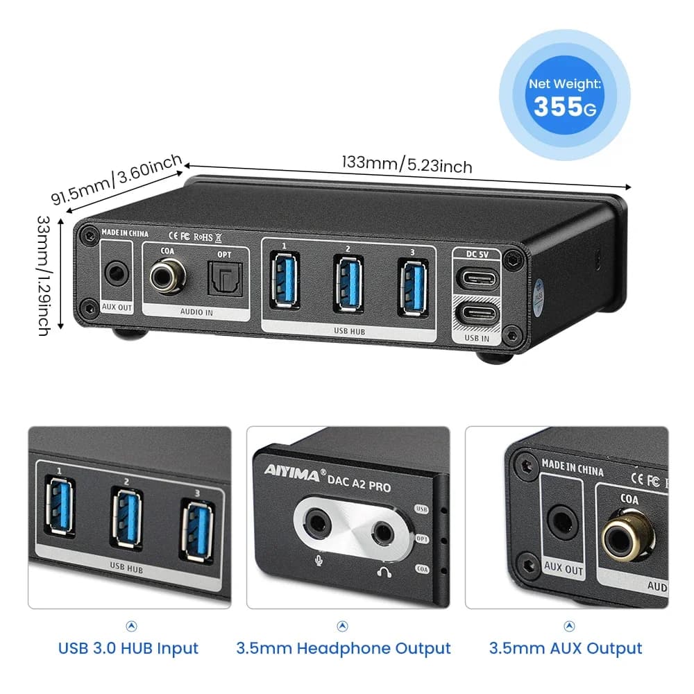 Audio DAC-A2 PRO USB Gaming DAC Headphone Amplifier USB Hub Mini decoder for PS5 Desktop gaming headsets Active Speakers