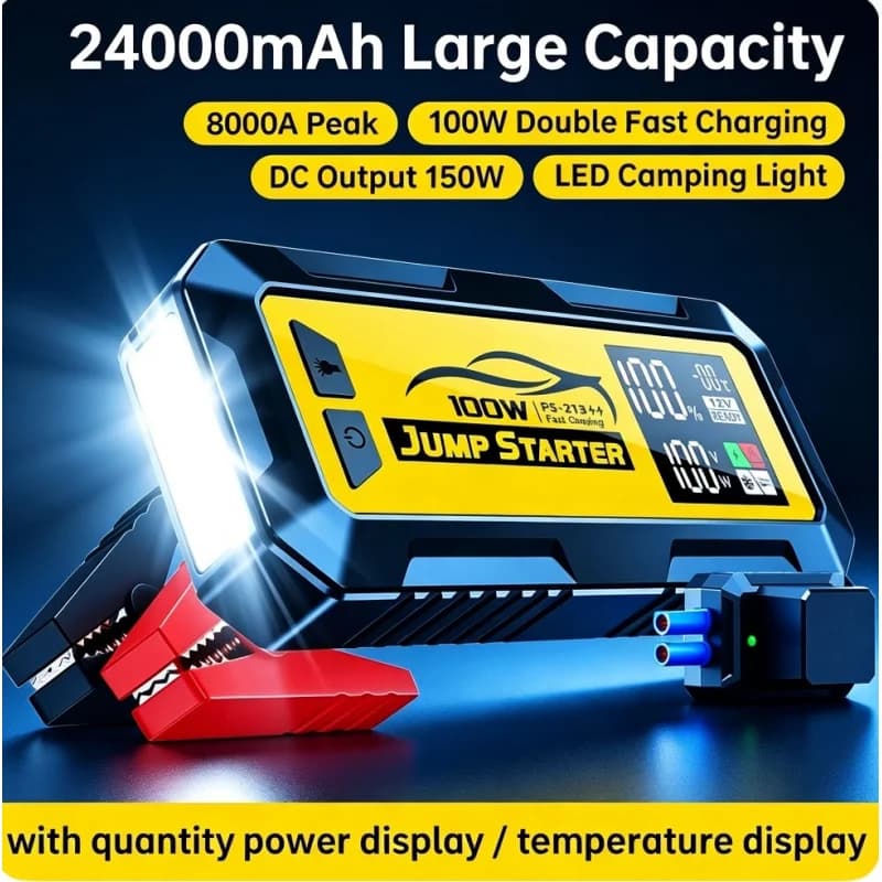Avviatore d'Emergenza Portatile per Auto 8000A 24000mAh 12V, Power Bank a Ricarica Rapida 100W con Uscita DC e Super Condensatore per Laptop
