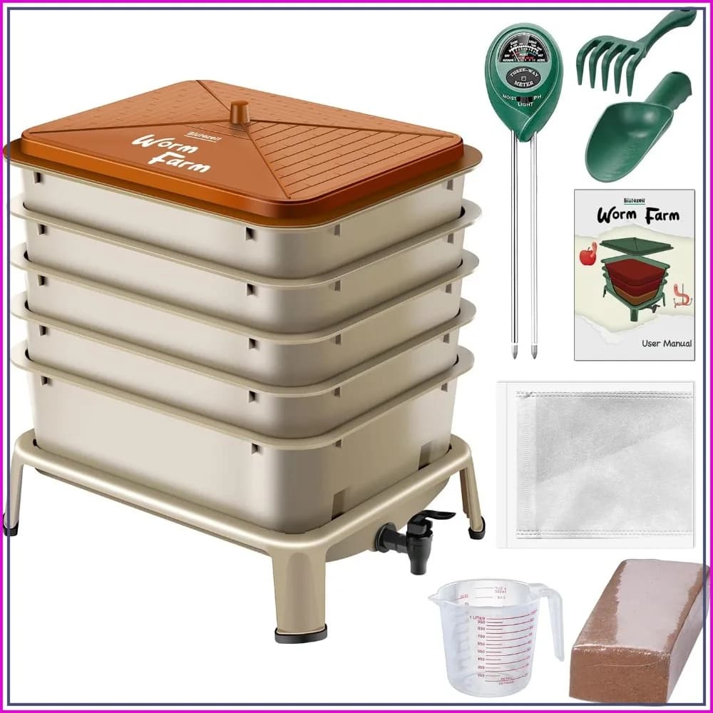 5-Tray Worm Compost Bin, 53QT Indoor Outdoor Worm Composter with Starter Kit for Kitchen Food Waste Recycling