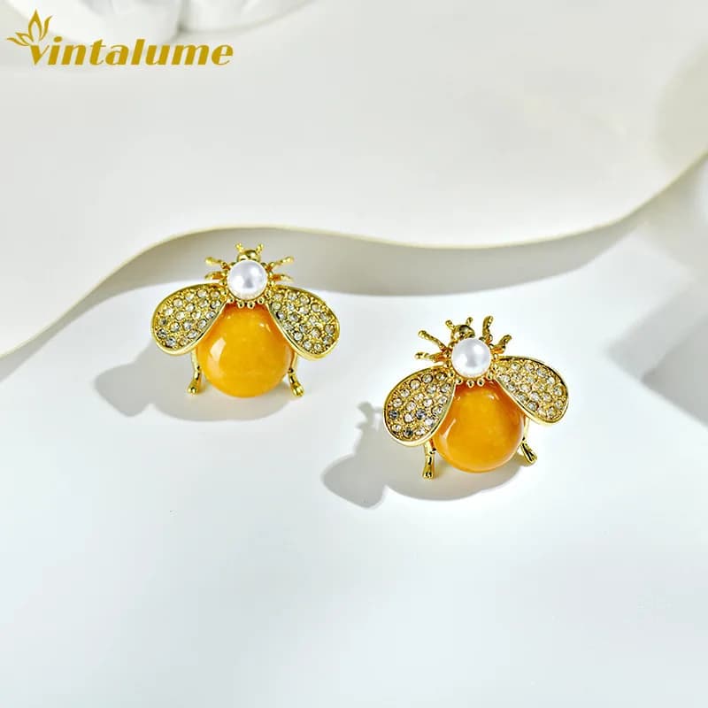 Orecchini a Perno Vintalume a Forma di Ape Carina per Donne, Gioielli alla Moda in Lega con Zirconia Cubica e Pietra Gialla, Eleganti Orecchini Trendy per Feste