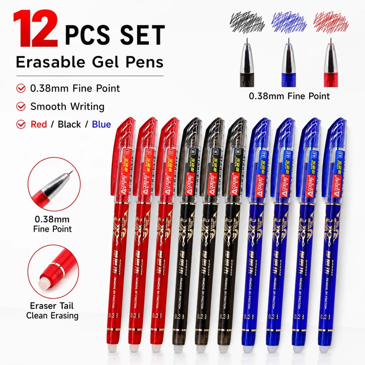 12pcs/set Creative Erasable Gel Pens Set, Black/Blue/Red Washable Handle Magic Refills Rod for Office School Writing Stationery