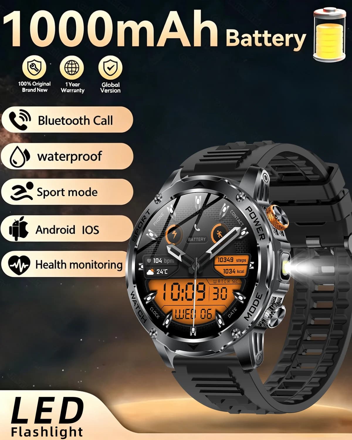 Smartwatch Sportivo per Uomo 2026 con Batteria Super Capacitiva da 1000mAh, Schermo Grande da 1,7 Pollici, Chiamate Bluetooth, Impermeabile IP68