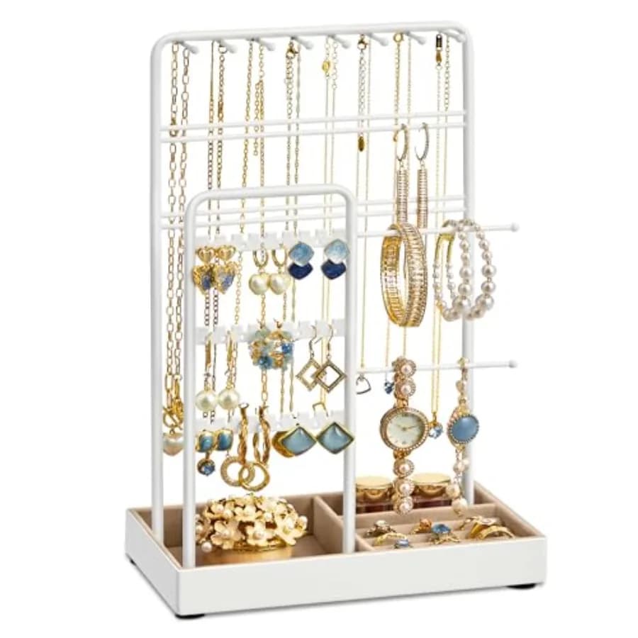 Necklace Holder, Jewelry Stand Holder Organizer, Jewelry Display with Metal Frame, Velvet Tray, Earring Bracelet Holder, for Gi