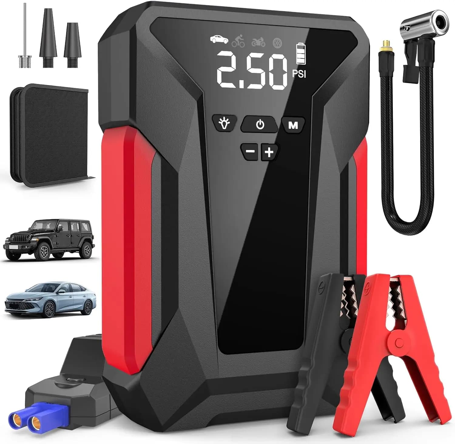 Avviatore d'Emergenza Portatile 4000A con Compressore d'Aria 150PSI, Caricabatterie e Luce LED per Veicoli a Benzina/Diesel