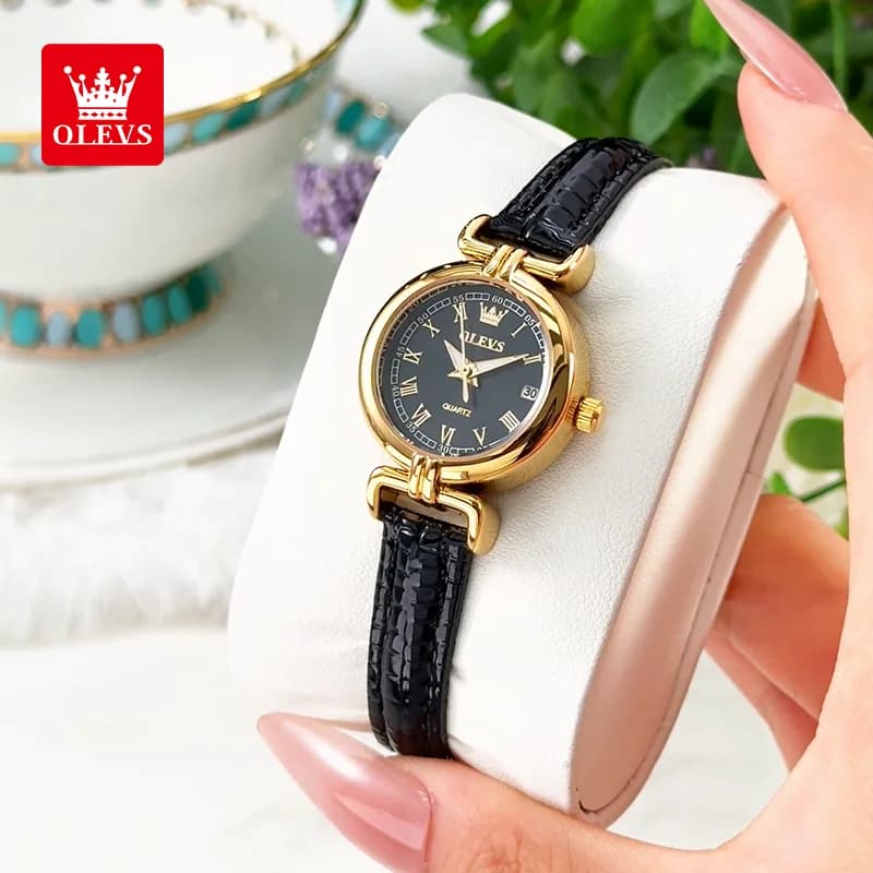 OLEVS 5645 luxury women's watch, fashionable, waterproof, with date display, black leather strap, versatile quartz watch for woman, original certification.