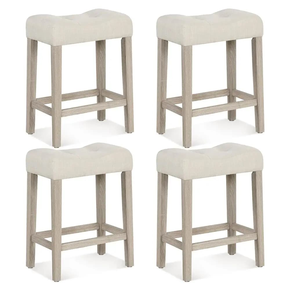 Set di 4 Sgabelli da Bar, Altezza Bancone, Imbottiti con Poggiapiedi e Gambe in Legno, Stile Rustico con Schienale Trapuntato a Bottoni