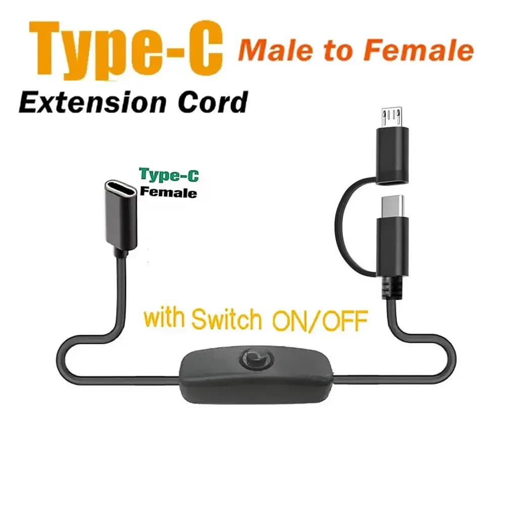 2 in 1 USB-C Extension Cable with ON OFF Switch, 5V Power Supply Charging Cord USB C Female to Type-C/Micro USB Male Cable