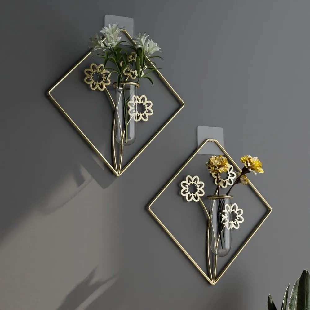 Iron Art Hydroponic Plant Holder Flower Pot Vase Wall Mounted Planter No-Drill Ginkgo Leaf Wall Hanging Planter Shelf Home Decor
