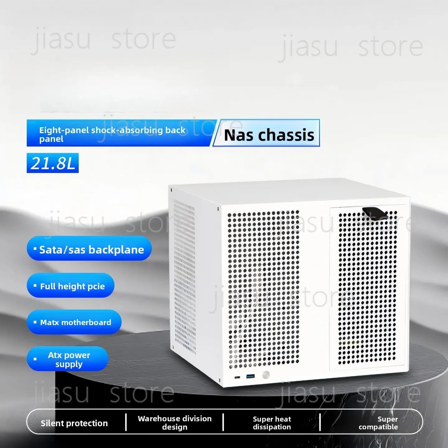 8-Bay NAS Case, MATX Motherboard Support with SATA Backplane, ATX Power, Full Height PCIe for Home Storage