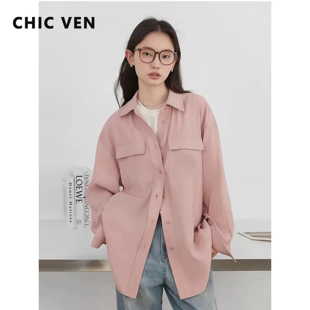 CHIC VEN Moda Donna Camicie Solido Allentato Casual Monopetto Camicette Femminili Maniche Lunghe Cappotto Primavera Estate 2025 Abbigliamento