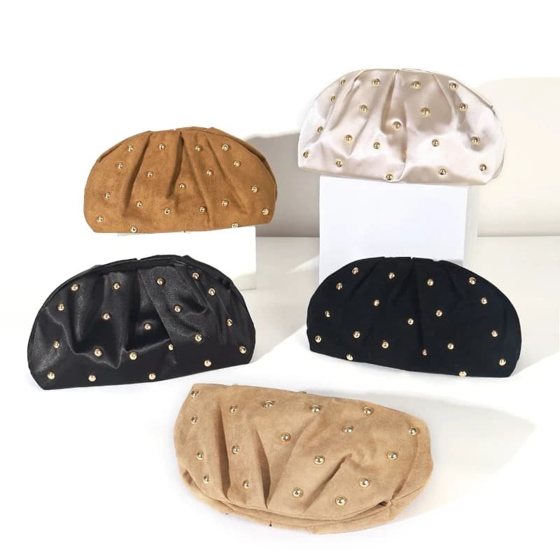Winter Fashion Suede Evening Clutch Trendy Gold Nail Beading Folded Dumpling Cloud Bags Versatile Women's Satin Handbags Purse
