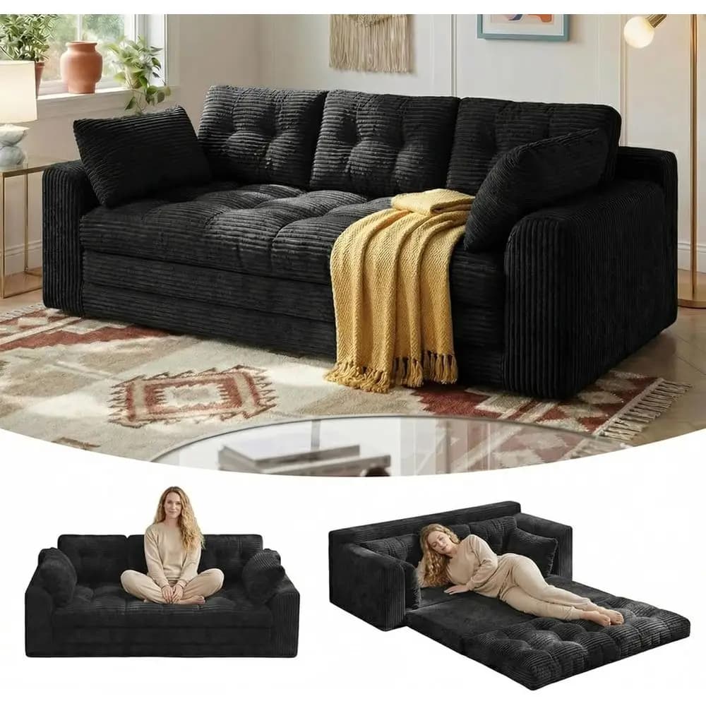 Divano Letto Convertibile a 3 Posti con Letto Estraibile e Cuscini, Ideale per Salotti Accoglienti o Spazi Piccoli/Camere da Letto, Nero