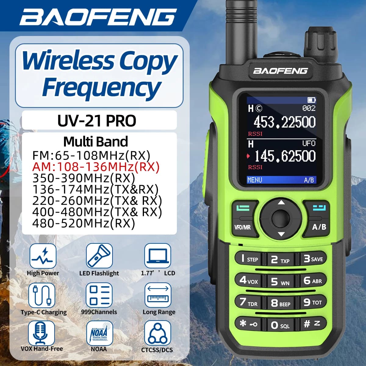 BAOFENG UV-21 PRO Walkie Talkie ad Alta Potenza, Copia Frequenza Wireless, Multi Banda, 999 Canali, Torcia LED, Radio Bidirezionale NOAA