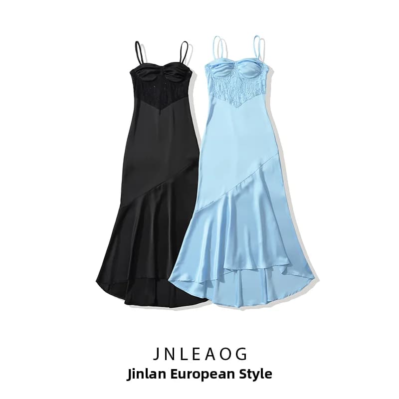 JNLEAOG Summer New Fashionable Lace Splicing Design Dress Elegant Atmosphere Women's Clothing Polyester Fiber Regular Sleeve