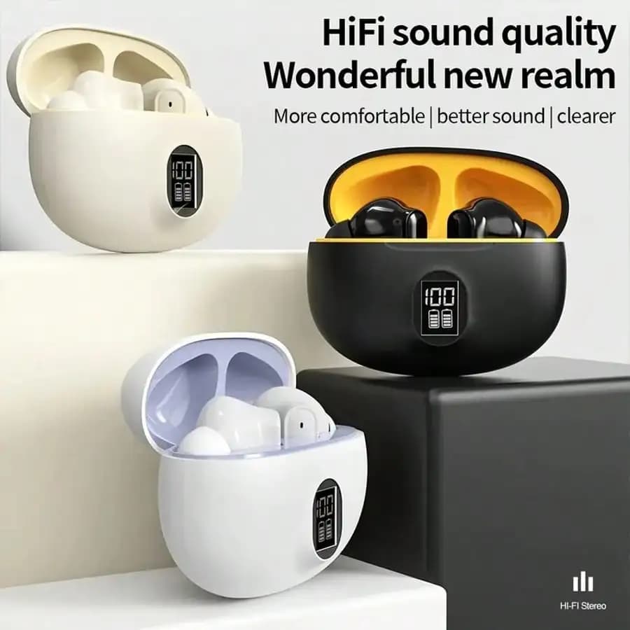 Auricolari wireless, auricolari Bluetooth 5.3, custodia di ricarica di tipo C, con display digitale a LED per la batteria, lunga durata della riproduzione, bassi profondi, adatti per iOS/Android e auricolari stereo in-ear da uomo/donna, gaming, affari, sport, fitness, microfono