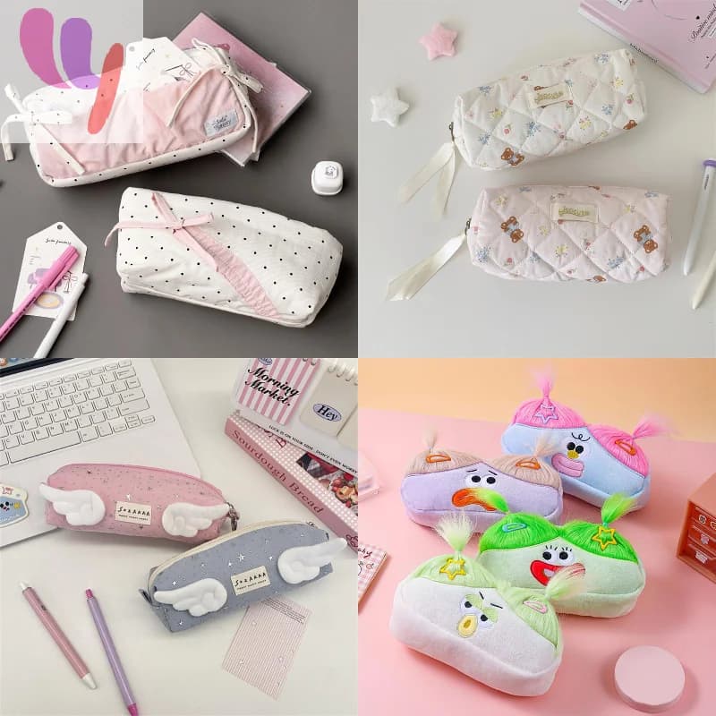 Preziosa astuccio bianco con decorazione a fiocco rosa a pois, splice borsa con cerniera per cancelleria scolastica