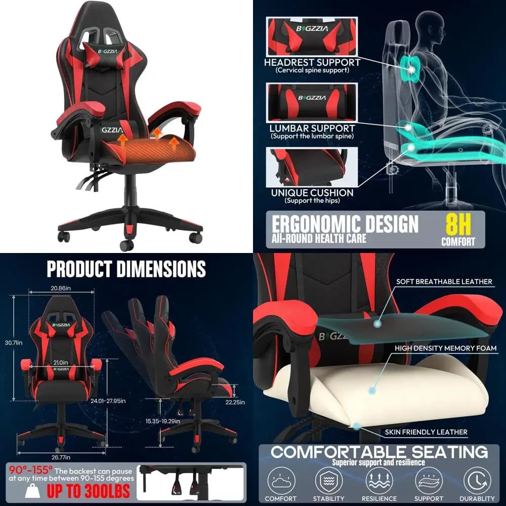 Sedia da Gaming Ergonomica Stile Racing con Cuscino Riscaldato, Supporto per la Testa e Lombare per Adulti (Rosso)