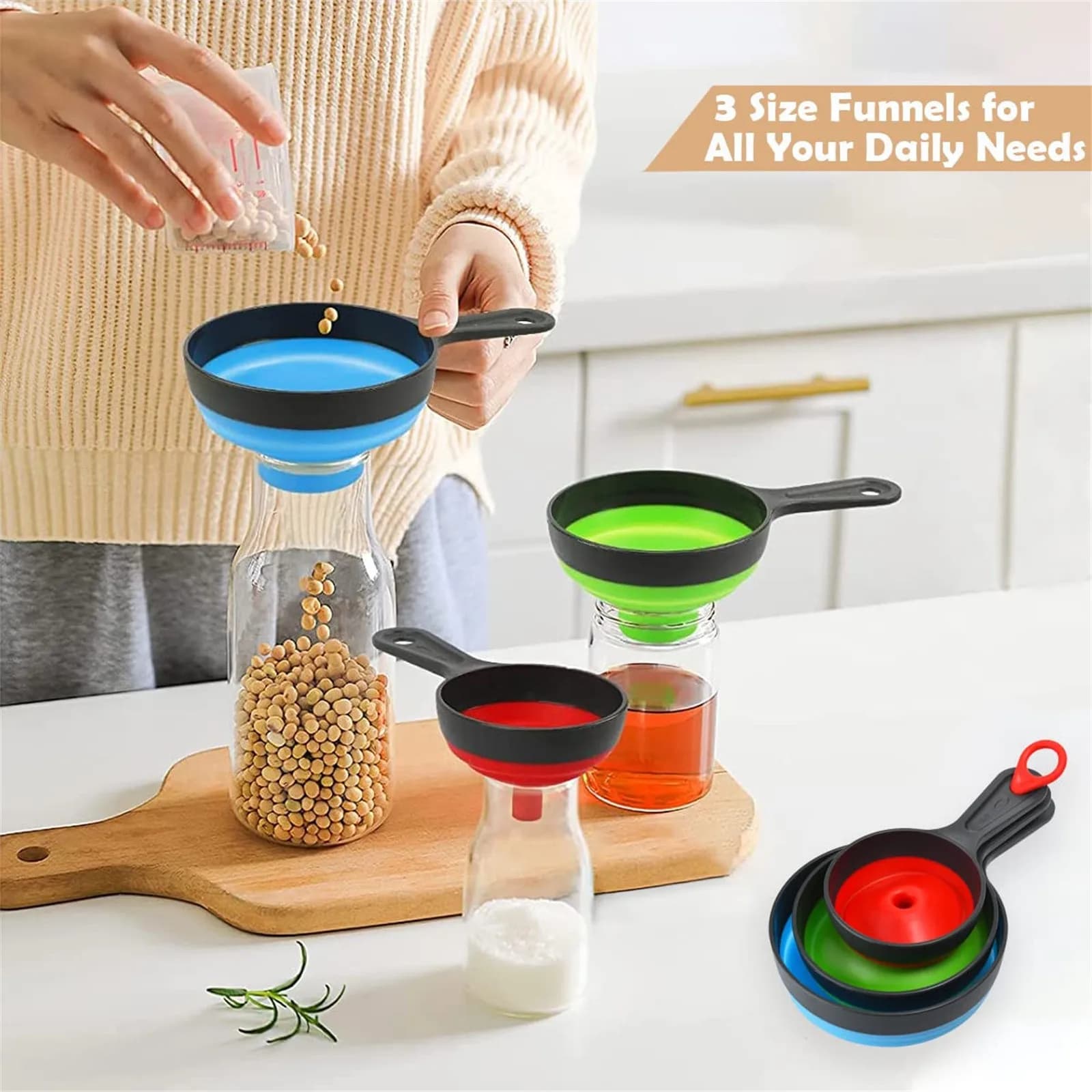 3 Pz/set Pieghevole Imbuto Telescopico Bocca Larga Imbuto Per Olio Marmellata Riempimento Imbuto In Silicone Spezie Grande Barattolo In Scatola Imbuto Utensili Da Cucina