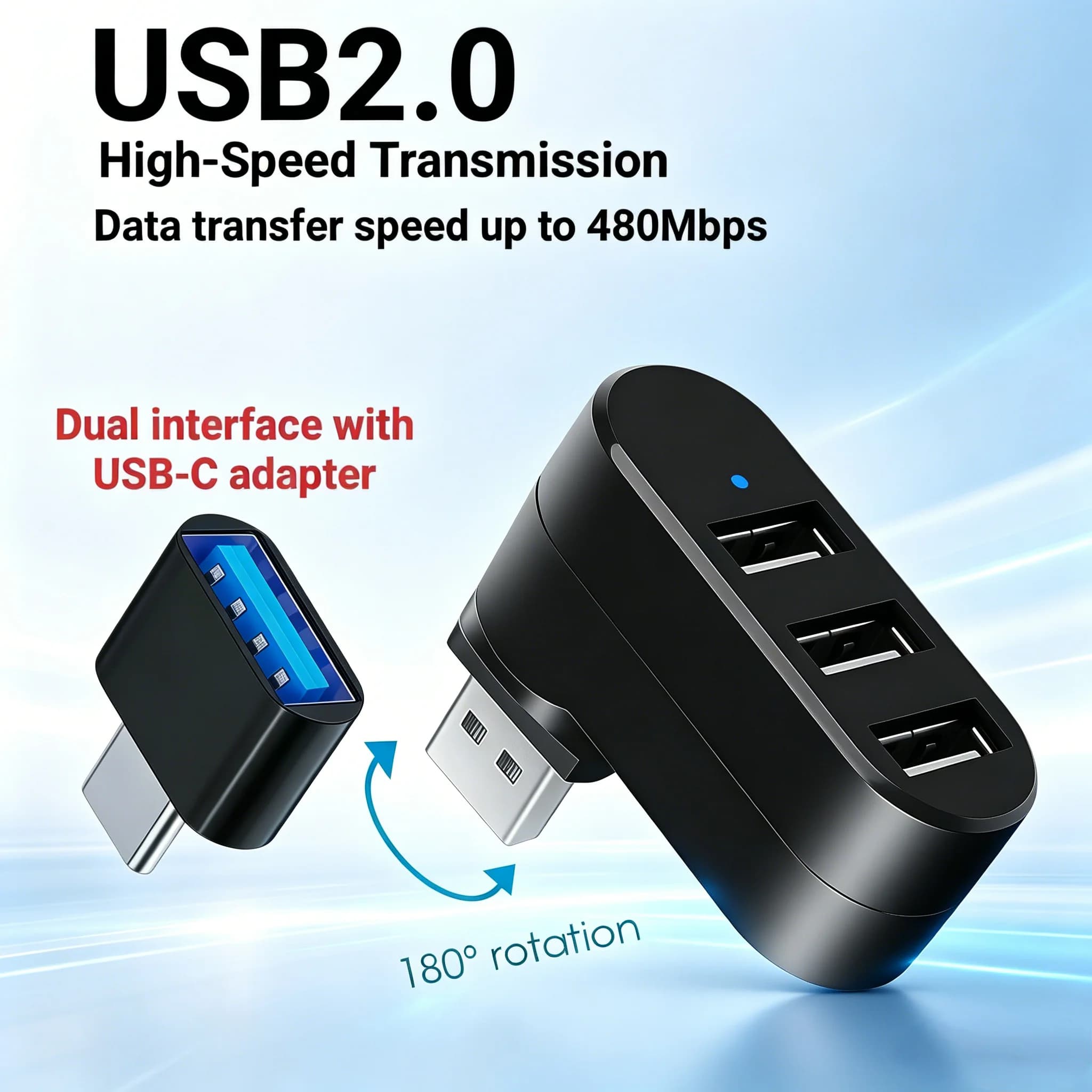 USB 2.0 mini Hub Adapter 90-Degree Rotating High-Speed USB Flash Drive Card Reader Splitter 3-Port USB with USB-C Dual Interface