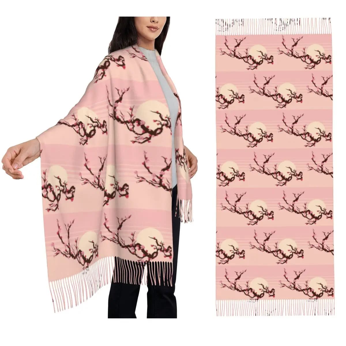 Sciarpa con motivo floreale di ciliegio giapponese Sciarpe con nappe Scialli e scialli morbidi e caldi da donna Scialle lungo autunno inverno