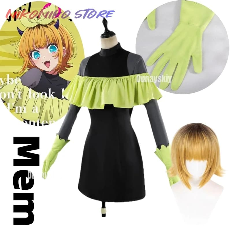 Costume Cosplay Anime Oshi No Ko Stagione 3 Mem-Cho Nuova Formula Outfit Abito Mini Nero Set con Balze Verde Lime Nuova Skin 2026