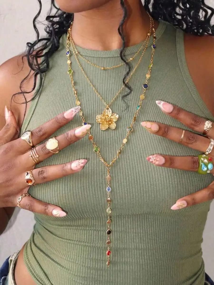 4pcs Layered Y-Shaped Chain Necklace Set With Flower Pendant And Colorful Beads For Women