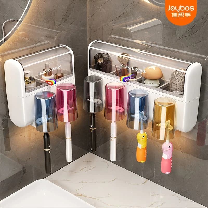 No Drill Wall Mounted JOYBOS Toothbrush Holder Family Set With Toothpaste Dispenser Bathroom Dust Proof Shelf Organizer Home