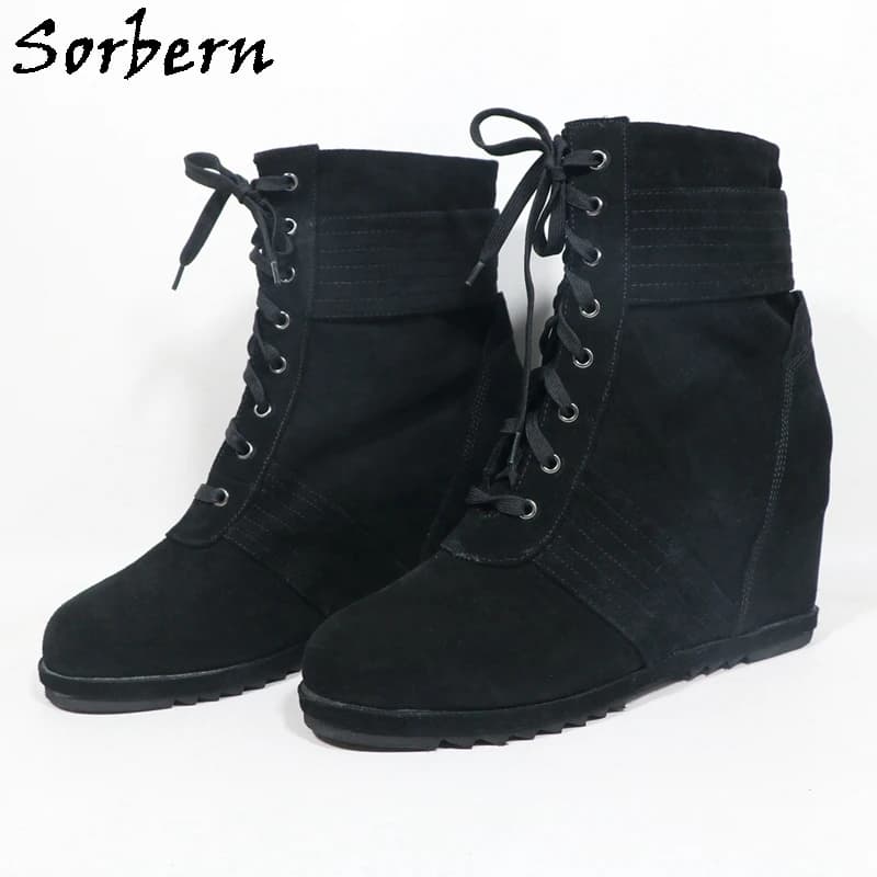 Sorbern Stivali alti da donna alla caviglia in pelle scamosciata sintetica nera con zeppa Tacco alto Punta tonda Scarpe con plateau Con lacci Suole in gomma Taglie forti personalizzate