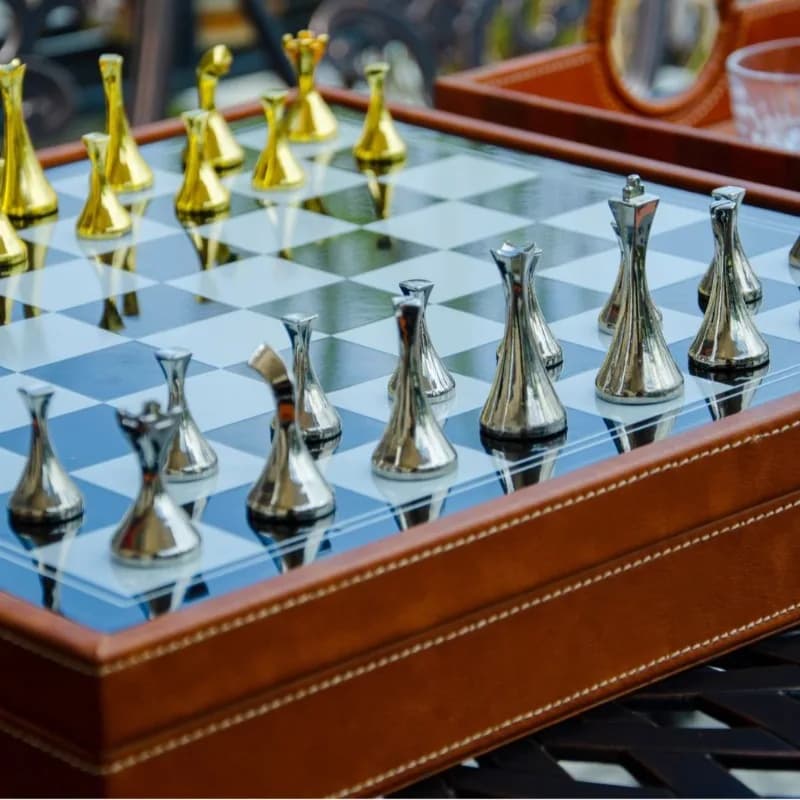Modern International Chess Set with Luxury Leather Box Lacquered Chessboard & Abstract Chess Pieces