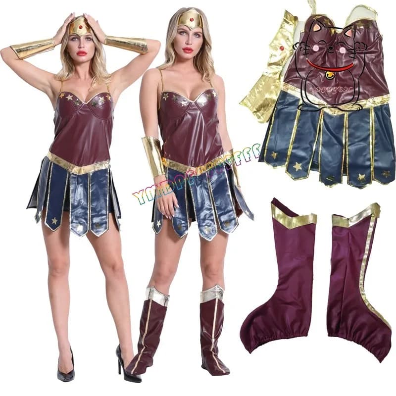 Anime giacche in pelle da donna cosplay gladiatori guerrieri femminili abiti copricapo guanti coprigambe opzioni multiple Halloween