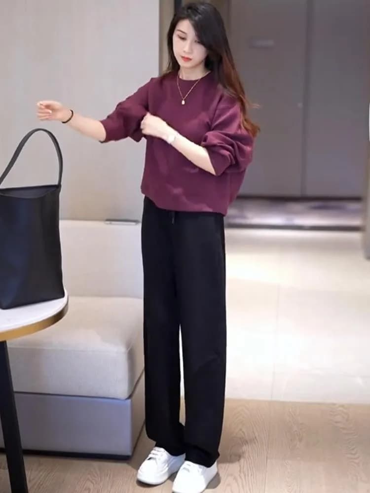 Set Casual alla Moda per Donna Primavera 2025, Felpa Ampia con Collo Tondo e Pantaloni a Gamba Larga, Completo Sportivo Due Pezzi