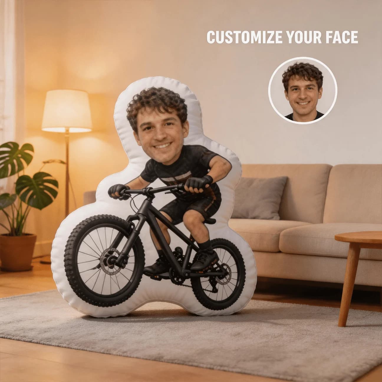 Custom Personalized Photo Face Pillow, Mountain Biking Custom Shaped Decorative Cushion, 60CM Large Size Accent Pillow for Sofa