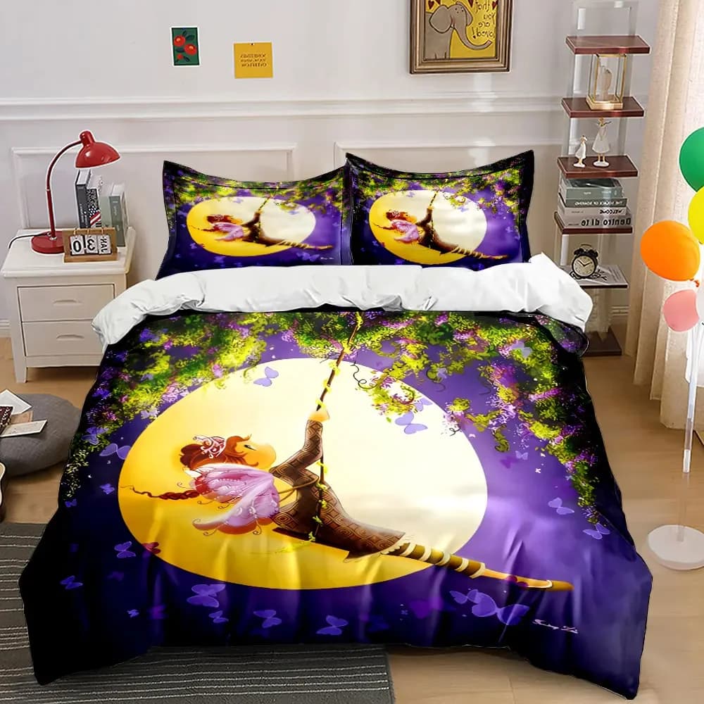 Set biancheria da letto Moon Fairy da 3 pezzi, copripiumino con stampa ragazza che si dondola sulla luna con farfalle viola + 2 federe, decorazioni per la casa, regali