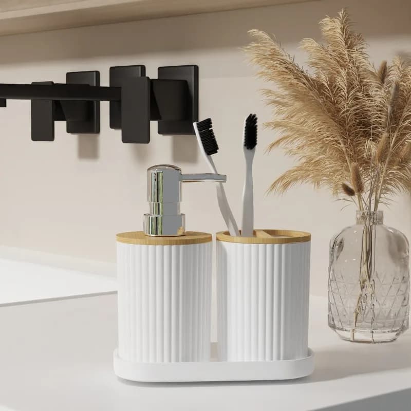 3pcs Bathroom Accessory Set Soap Dispenser Bottle Toothbrush Holder Toilet Brush Trash Can Household Washroom Storage Decor