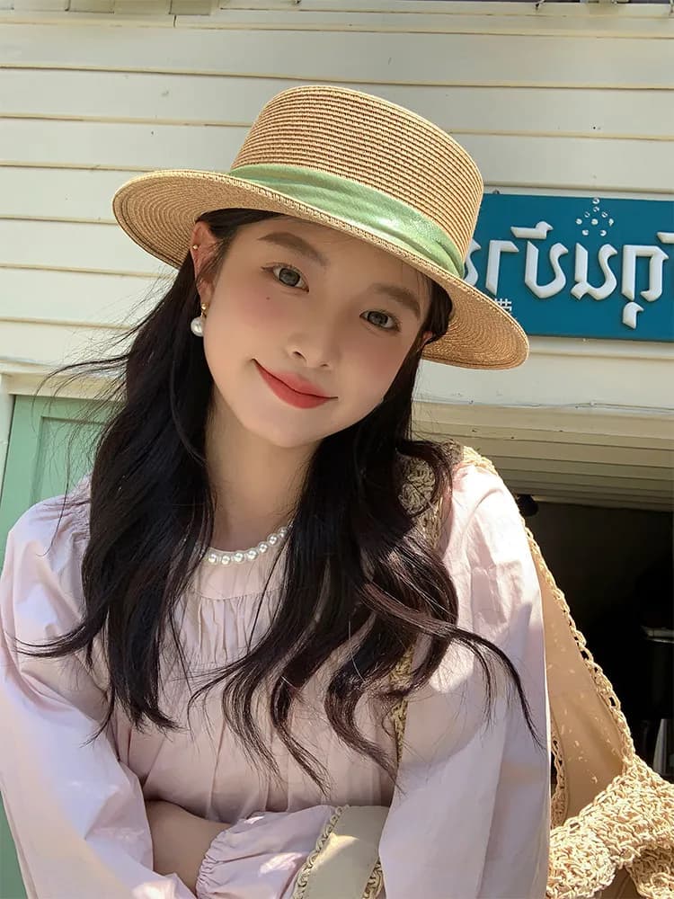French Hepburn Style Flat Top Straw Hat Women Uv Protection Sun Cap Adjustable Large Head Size Seaside Vacation Beach Hat Windpr
