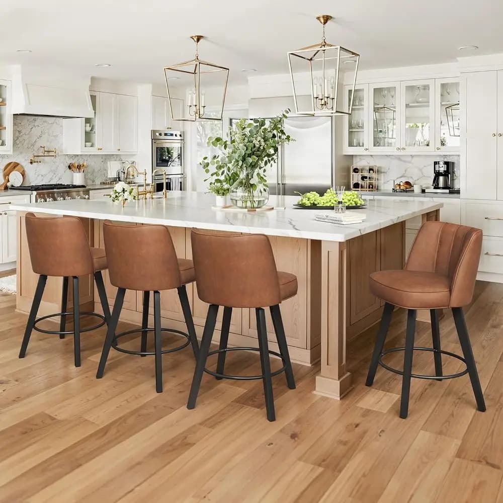 Set of 3 26 Swivel Bar Stools, High Back, Wood Legs, Modern Leather Upholstered Counter Height Kitchen Stools