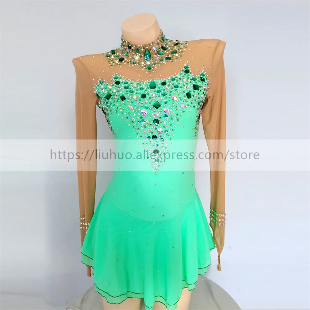 LIUHUO Women Aldult Girl personalizza Costume ginnastica Performance Competition body Ice Figure Skating Dress Green Dance Teens