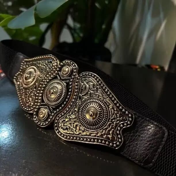 Black Ethnic Style Buckle Waist Belt Women's Decorative Waist Seal with Skirt Retro Elastic Elastic Thin Leather Belt Versati...