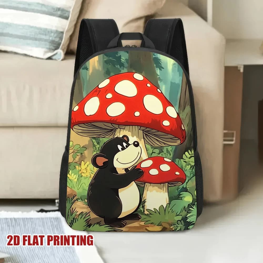 Uno zaino elegante e pratico con motivi di talpe e funghi, perfetto per amici, ideale per il tempo libero e l'uso scolastico dagli adolescenti.