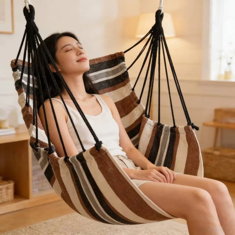 1 comfortable hanging chair, rocking chair with large thick pillow, classic striped pendant chair for bedroom, patio, balcony