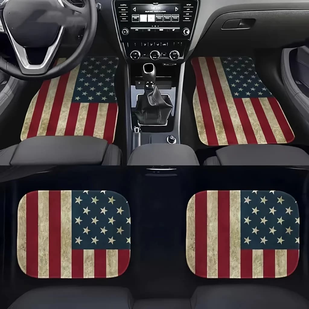Set da 4 tappetini per auto con bandiera americana, fibra di poliestere, antiscivolo, resistenti all'acqua, facili da pulire, tappetini per veicoli patriottici per la parte anteriore