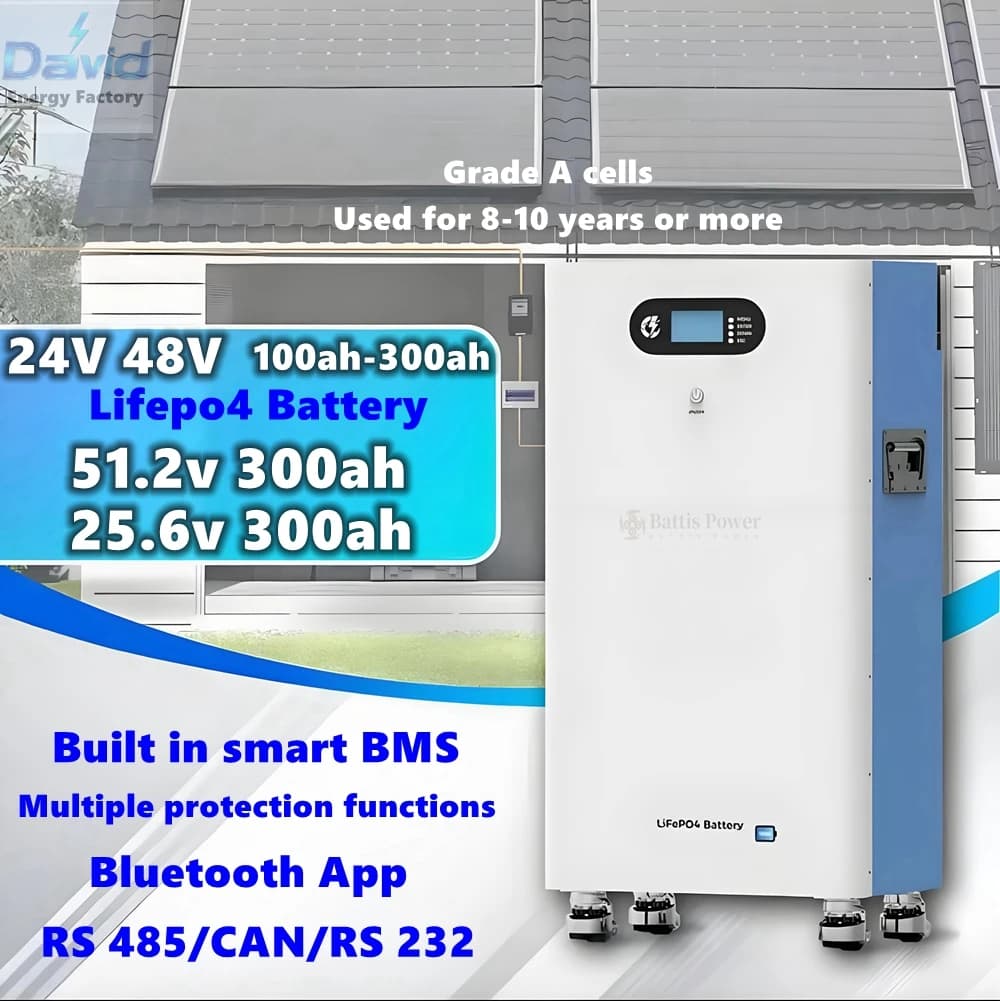 Vendite dirette in fabbrica di energia 25.6v 300ah 51.2v 300ah 24V 48v pannello solare fotovoltaico ricarica a ciclo profondo batteria Lifepo4