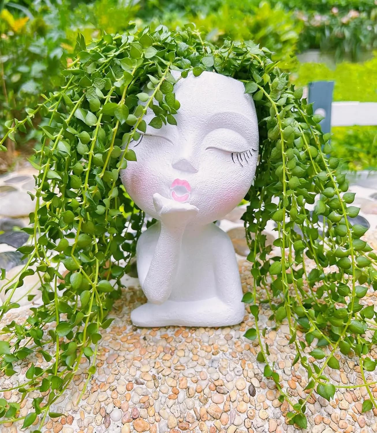 Hand-made face-shaped plant vase with anti-friction bearings for climbing plants, pretty flowerer for succulent in white
