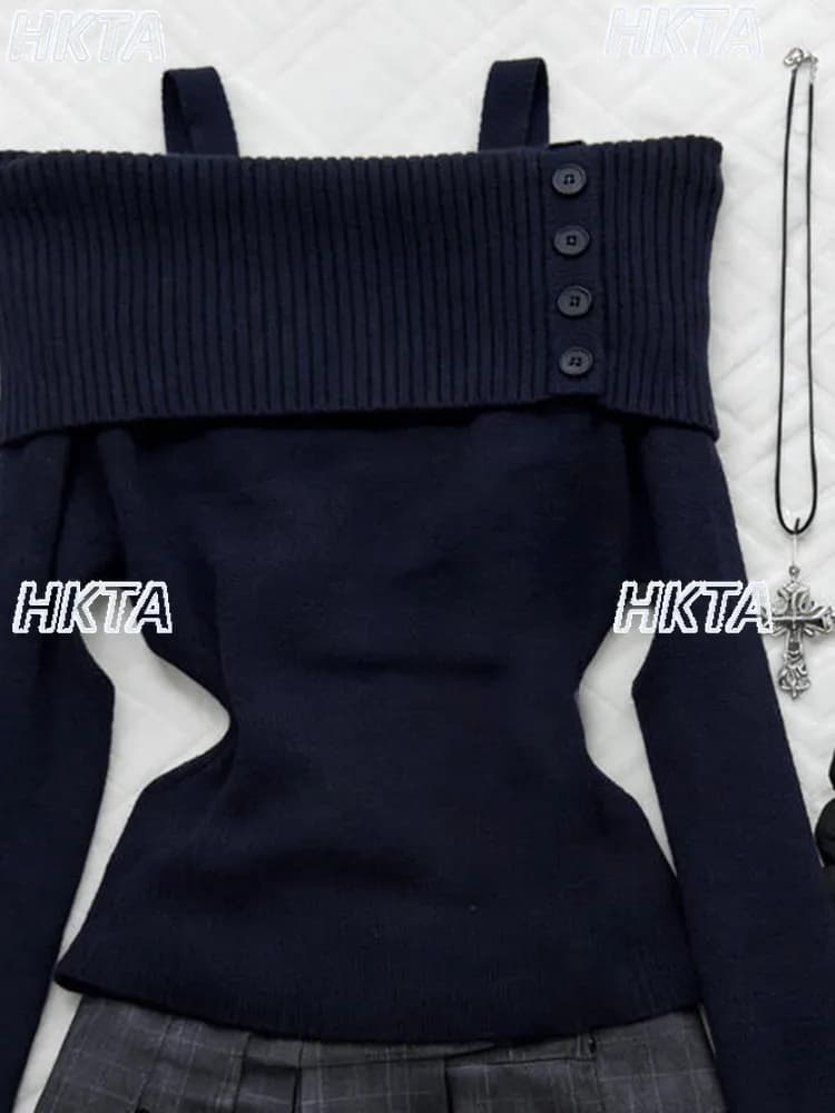 Gothic Off Shoulder Slim Temperament Knitted Pullover Winter Commute Elegant Sweet Collar Long Sleeve Sweater Black Top Women