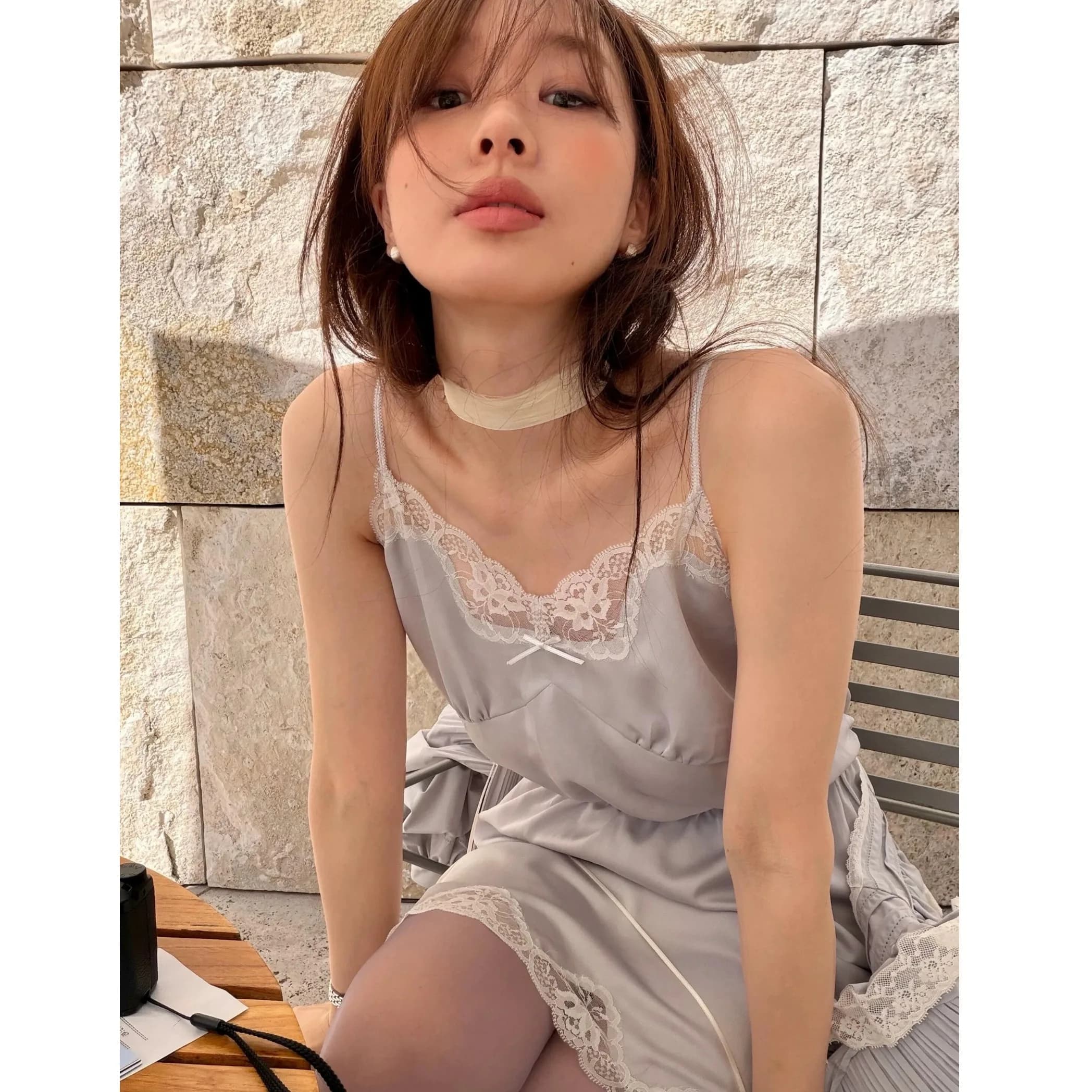 Korean Style Sweet Lace Trim Splice Strap Vest Dress Women's Fashion Spring Summer New Arrival A-Line Skirt Backless Dress