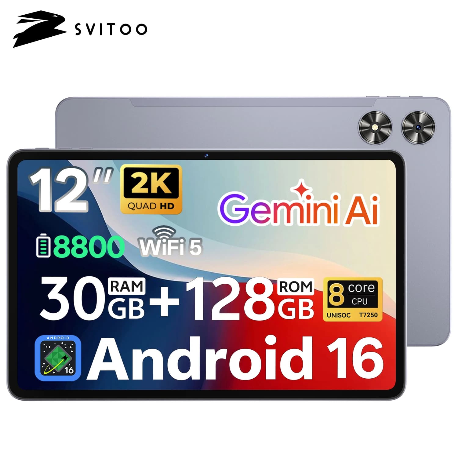 Tablet SVITOO Android 16 2025 12 inch, 2K 2000 x 1200 display, Octa-Core processor, 30 GB RAM, 128 GB ROM, 1 TB expandable, 8800 mAh battery, WiFi 5, Bluetooth 5.0, GPS Widevine L1