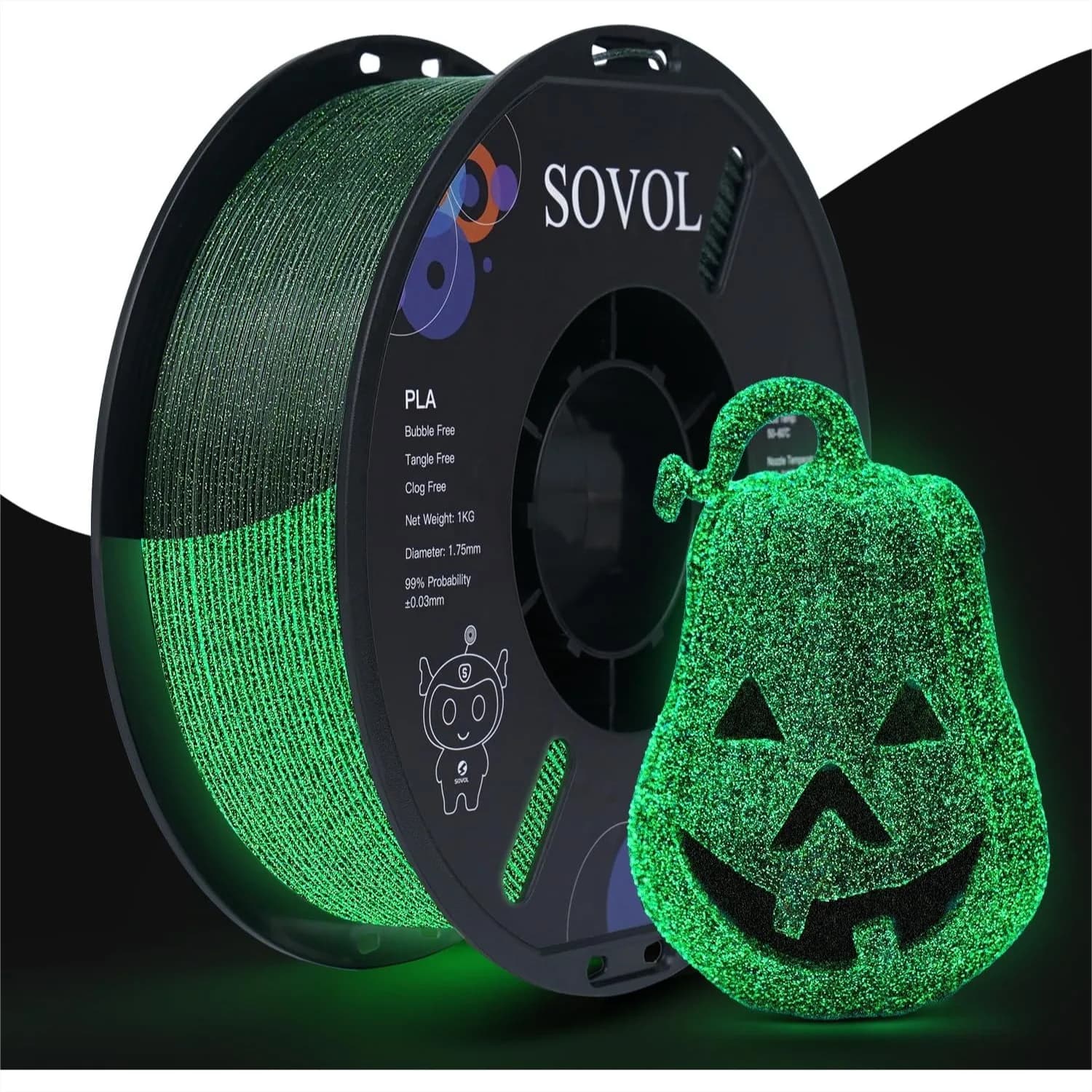 Filamento PLA Luminescente 1.75mm, Filamento per Stampante 3D Luminoso Bobina da 1kg, Precisione Dimensionale +/-0.03mm, Verde Brillante