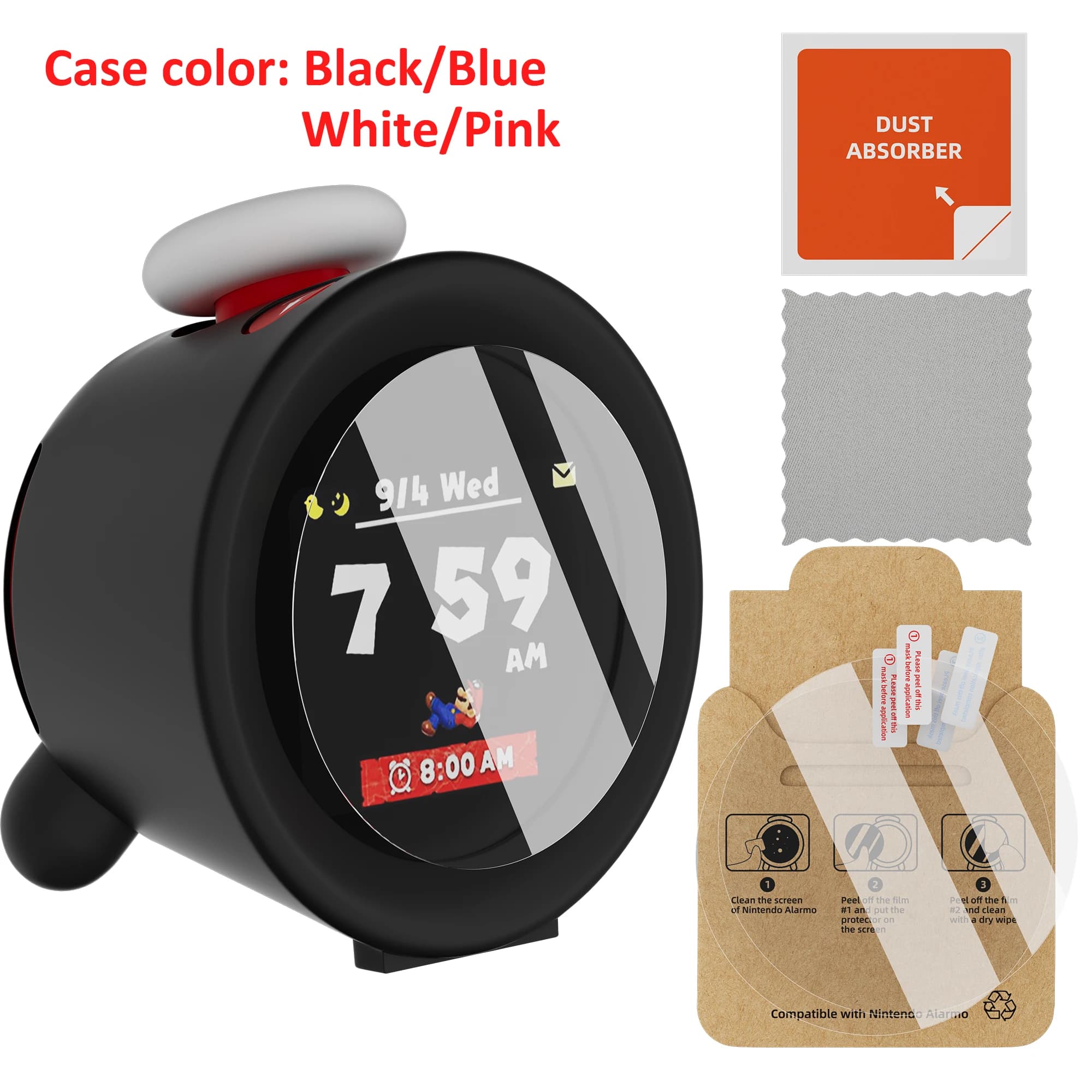 Custodia in silicone liquido e confezione da 2 pellicole HD per Nintendo Sound Watch Alarmo Proteggi schermo trasparente HD trasparente