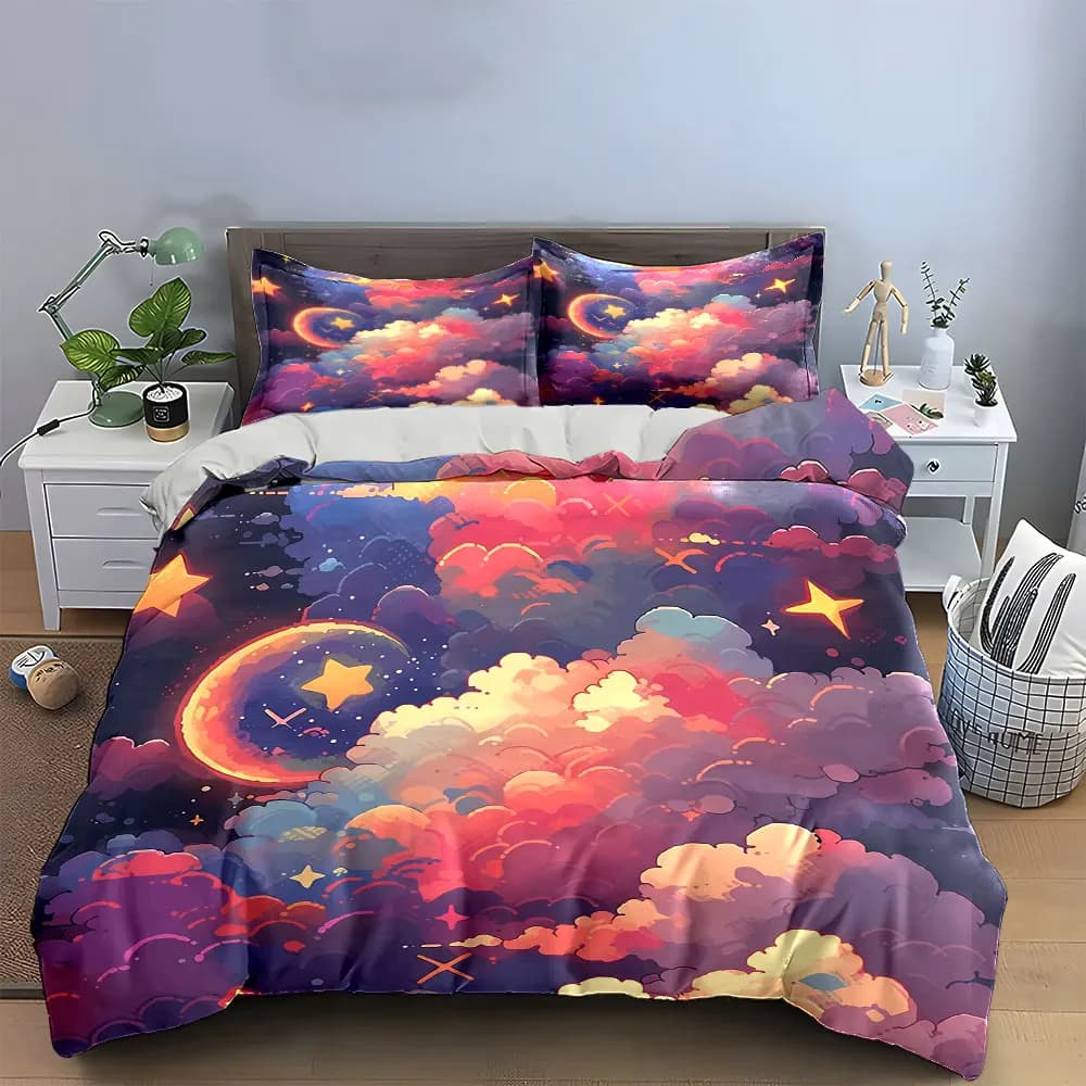 Set di biancheria da letto "Galaxy Moon Night Decor" con 1 copripiumino e 2 federe, singolo, matrimoniale, king, queen, regalo